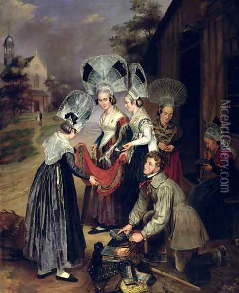 A Peddler Selling Scarves to Women from Troyes Oil Painting - Henri Valton