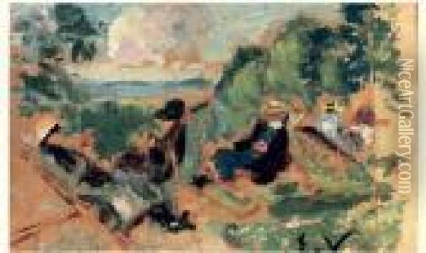 Les Transats, Vers 1927 Oil Painting - Emmanuel De La Villeon