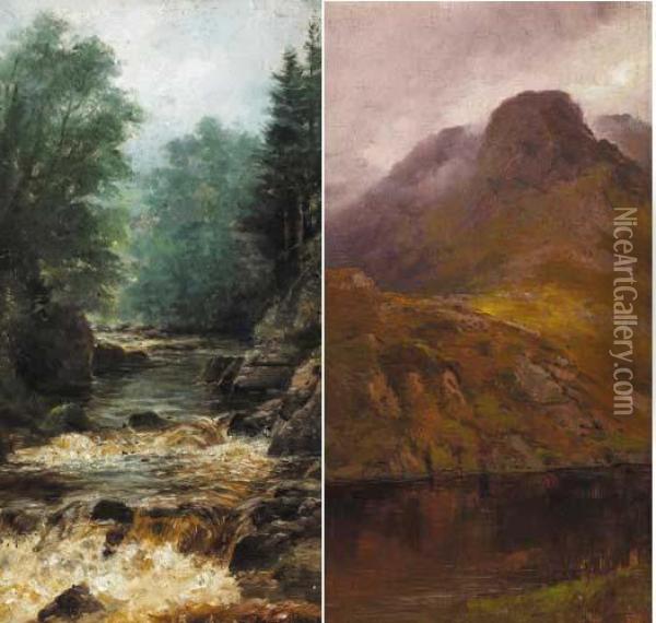 Rocky Stream And Mountain Lake (a Pair) Oil Painting - Alexander Williams
