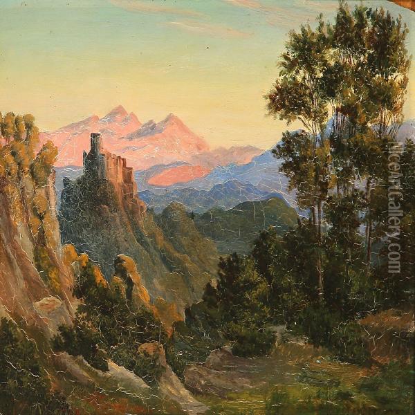 Italian Landscape With Pink Mountains And A Ruined Fortressin The Evening Sun Oil Painting - Thorald Laessoe