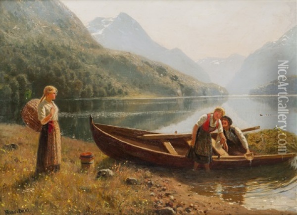 Folkeliv I Fjordlandskap Oil Painting - Hans Dahl