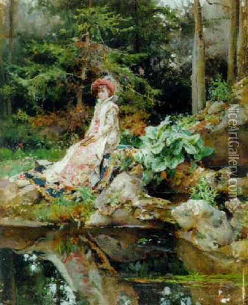 A Summer Day By The Pond Oil Painting - Cesare Auguste Detti
