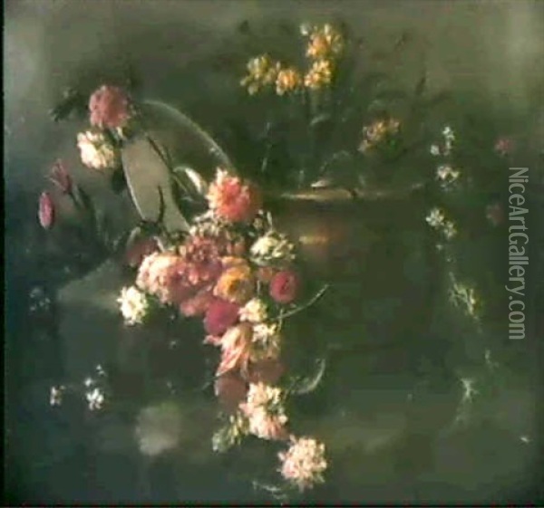 Roses, Tulips, Pivoines Et Autres Fleurs Garnissant Un Pot  Et Un Vase Devant Un Plat Renverse Oil Painting - Margherita Caffi