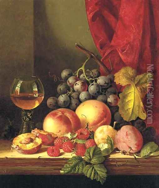 Still life with plums, peaches, black grapes, raspberries, and a roemer Oil Painting - Edward Ladell