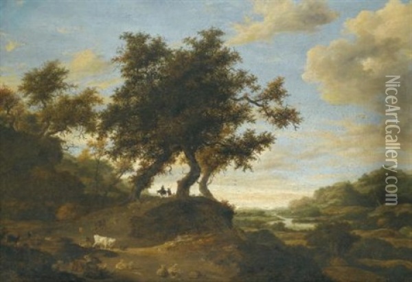 Herders On Lightly Wooded Raised Ground Overlooking An Expansive River Landscape Oil Painting - Jacob Salomonsz van Ruysdael
