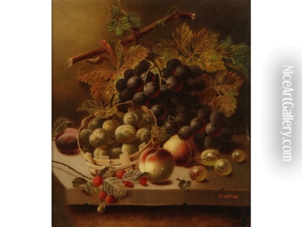 A Still Life Study Of Grapes, Peaches, Plums, Raspberries And Gooseberries, On A Tabletop Oil Painting - Oliver Clare