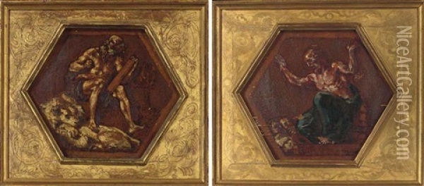 La Theologie: Saint Jerome Ecrivant La Vulgate (+ L'eloquence: Ciceron Arranguant La Foule; Pair) Oil Painting - Eugene Delacroix