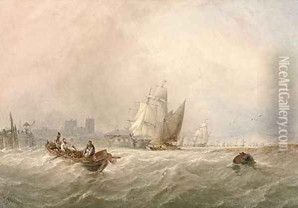 Fishermen hauling in their nets on the Medway amidst other shipping, Rochester Cathedral beyond Oil Painting - Thomas Sewell Robins