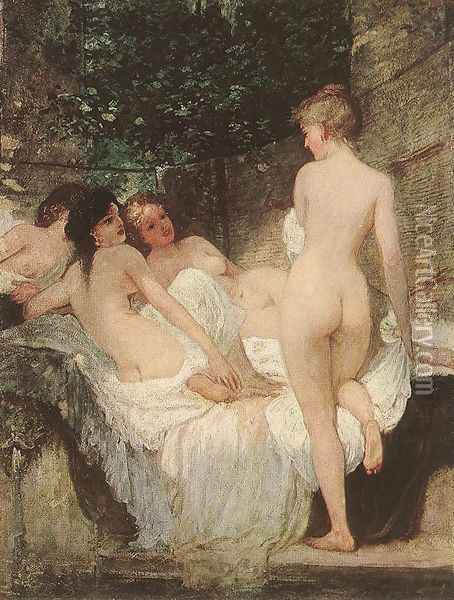 After the Bath c. 1880 Oil Painting - Karoly Lotz