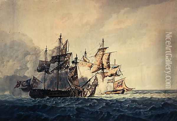 The Action between His Majesty's Sloop, Bonne Citoyenne, and the French frigate, La Furieuse, on the 6th July 1809, of the Western Islands, engraved by R & D Havell, published by Robert Cribb in 1810 Oil Painting - George Webster