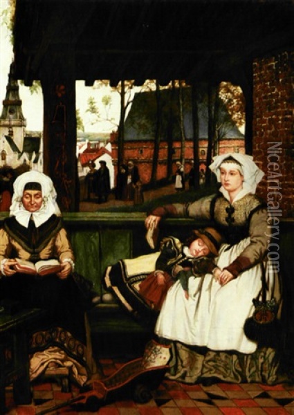 Flamsk Genrescene Med Familiens Kvinder I Stille Samvaer, I Baggrunden  Kirkegaengere Oil Painting - Victor Lagye
