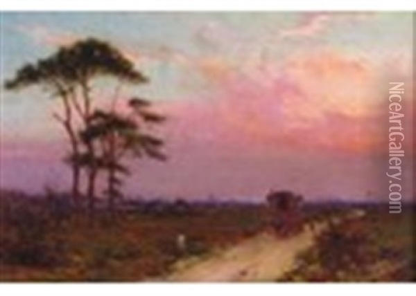 A Coach And Horses On A Heath, Possibly Blackheath With St Paul's Beyond, At Dusk Oil Painting - Edward Frederick Brewtnall