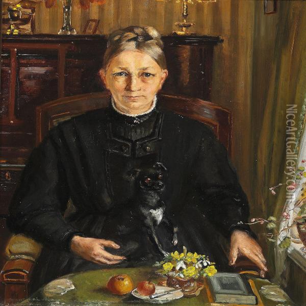 Interior With Woman In A Black Dress With A Dog Oil Painting - Michael Ancher