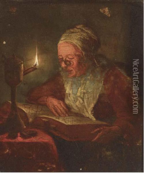 A Woman Reading By Candlelight Oil Painting - Godfried Schalcken