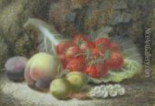 Still Life Of Strawberries And Plums On A Mossy Bank Oil Painting - Oliver Clare