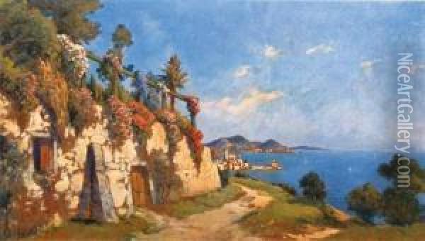 < Terrasse Fleurie Sur La Riviera >. Oil Painting - Andre Vautier