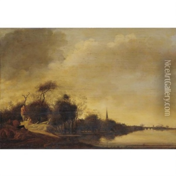 River Landscape Oil Painting - Jacob Van Der Croos