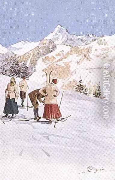 Skiers pausing on the Slopes Oil Painting - Carlo Pellegrini