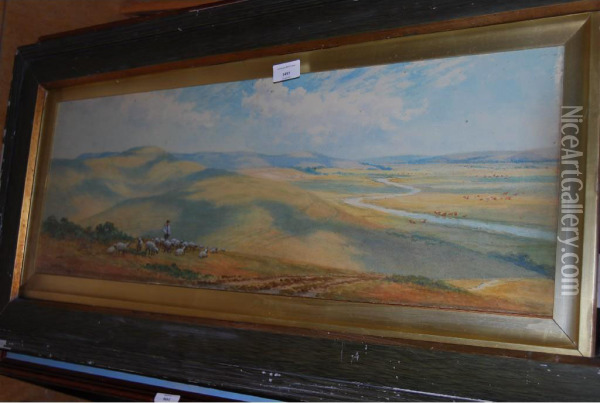 Shepherd And Flock In A Landscape Oil Painting - Lambert Alex. Leonard
