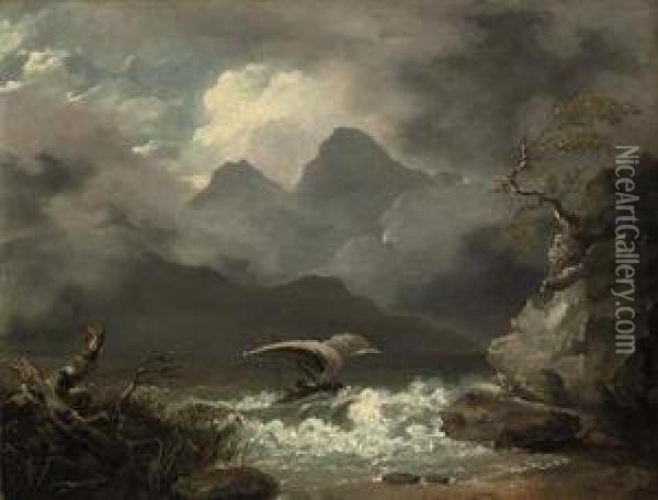 A Mountainous Coastal Landscape With A Sailing Boat Off A Rocky Shore Oil Painting - William Hodges