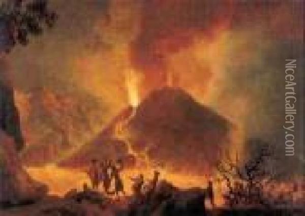 A View Of Mount Vesuvius Erupting With Figures In The Foreground Oil Painting - Pierre-Jacques Volaire