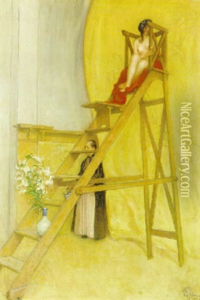 Nina Hos Plafondmalaren Oil Painting - Carl Olof Larsson