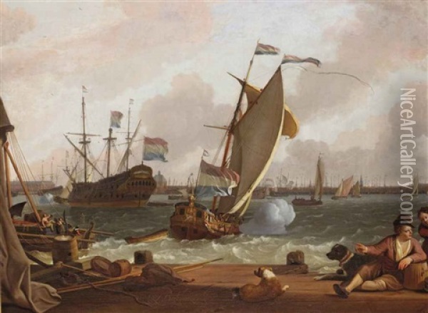 A View Of The Ij With The East Indiaman Kattendyck, A States Yacht And Various Other Ships, The Harbour Of Amsterdam Beyond Oil Painting - Ludolf Backhuysen the Elder