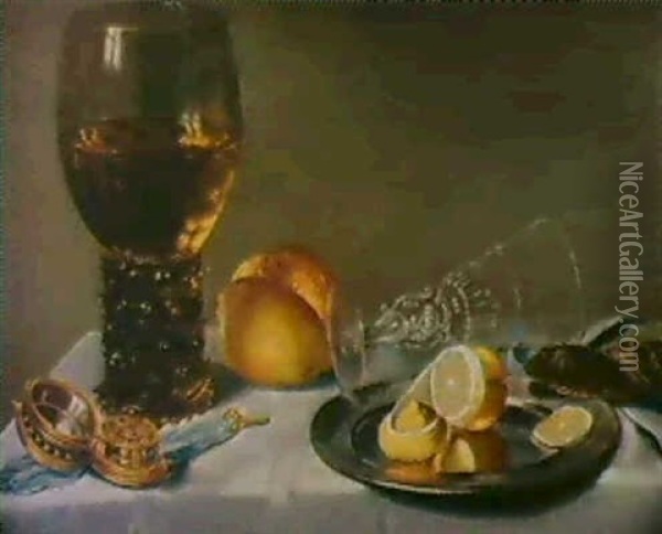 Fruhstuckstilleben Mit Einem Venezianischen Glas. Oil Painting - Franchoys Elout