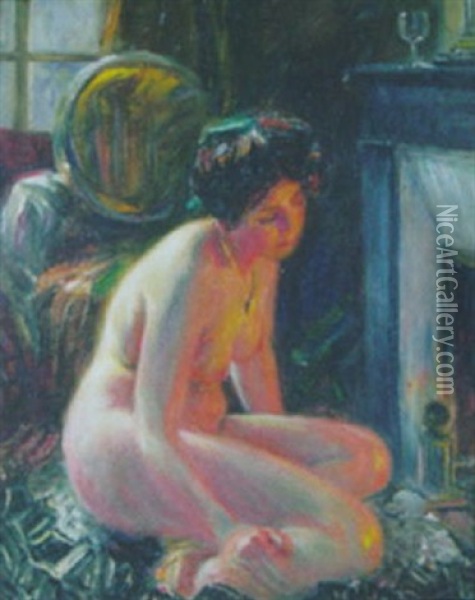 Nude By A Fireplace Oil Painting - George Brainard Burr