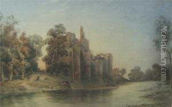 River Landscape With Cattle Watering And Castle Oil Painting - Emily Nicholson