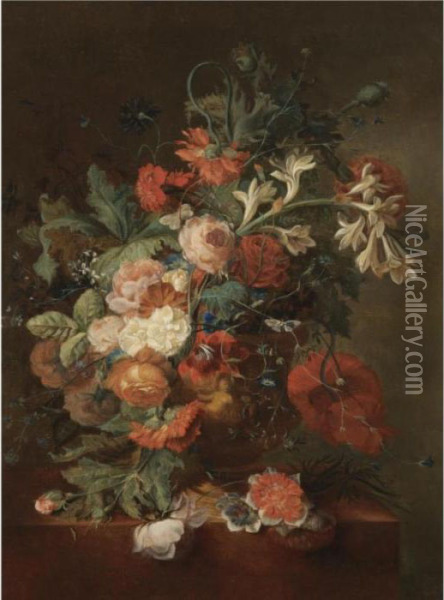 Still Life With Roses, Morning 
Glory, Orange Blossom And Various Other Flower Together In An Urn On A 
Stone Ledge Oil Painting - Jan Van Huysum