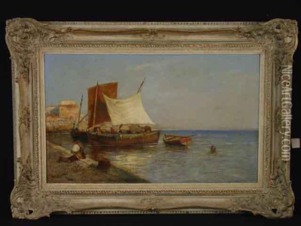 Italienische Fischerboote Am Pier Oil Painting - Georg Fischof