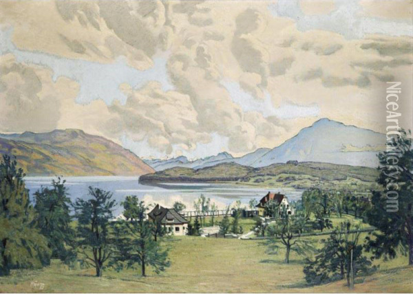 View From Risch Onto The Zug Lake With Rigi Oil Painting - Ernst Georg Ruegg