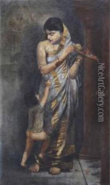 Mother &child Oil Painting - Hemendranath Mazumdar