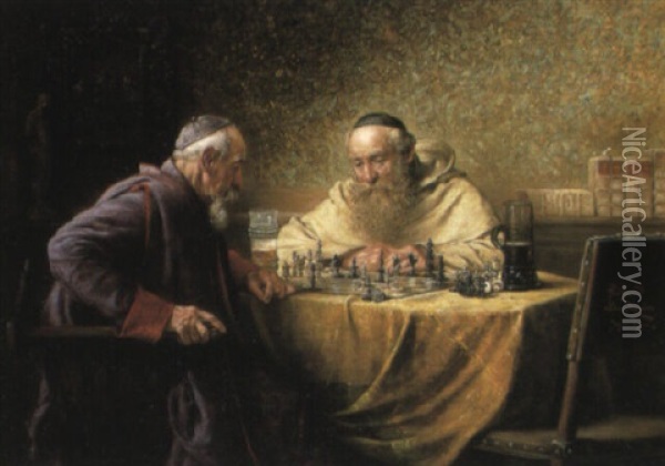 A Game Of Chess Oil Painting - Richard Linderum