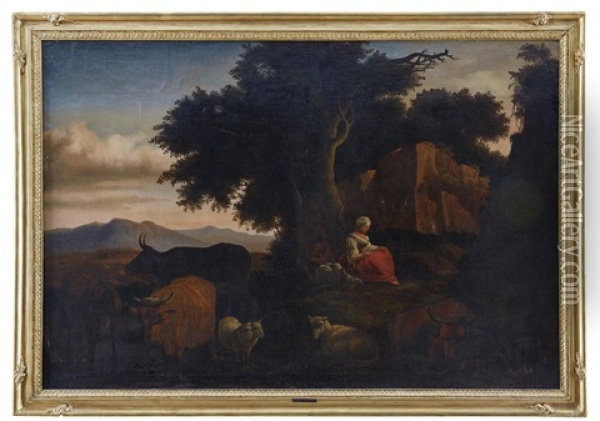 Landskap Med Rastande Par Och Boskap Oil Painting - Johann Heinrich Roos