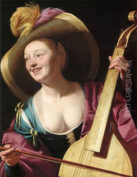 A young woman playing a viola da gamba Oil Painting - Gerrit Van Honthorst
