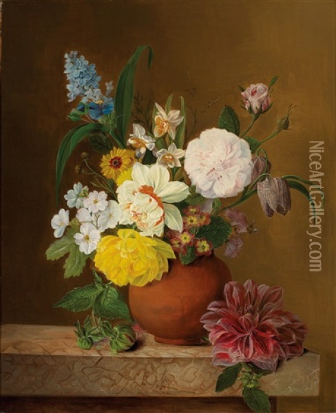 Blumenstuck Mit Rosen, Narzissen, Hyazinthen Und Primeln Oil Painting - Franz Xaver Gruber