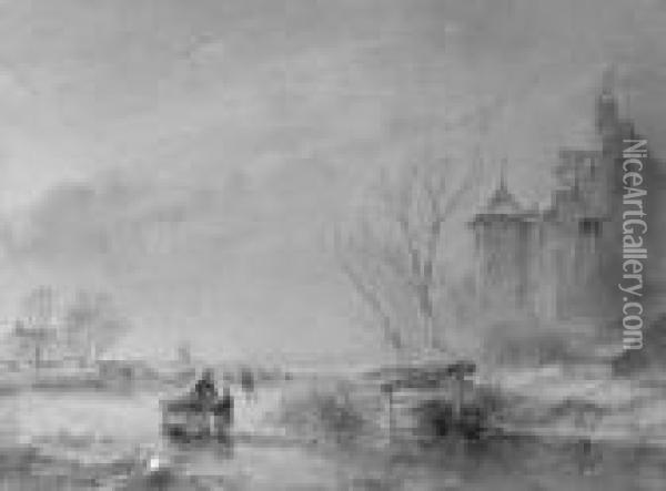 Skaters On A Frozen Waterway Near A Fortified Mansion Oil Painting - Andreas Schelfhout