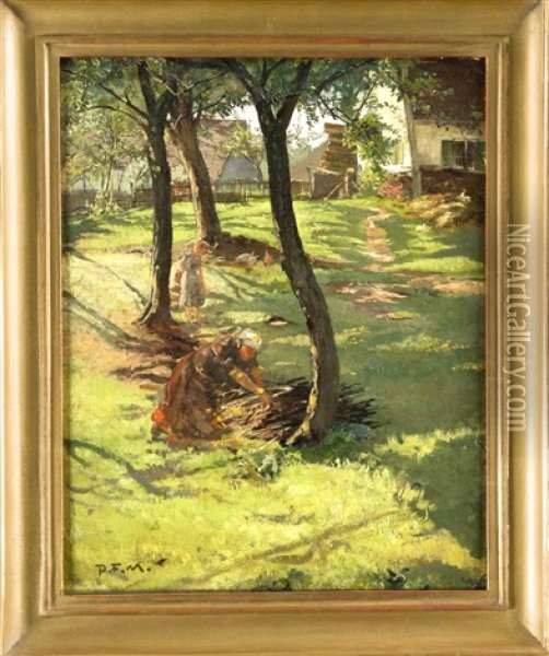 Sommerliche Gartenpartie Mit Reisig Sammelnder Bauerin U. Spielenden Kindern Oil Painting - Pius Ferdinand Messerschmitt