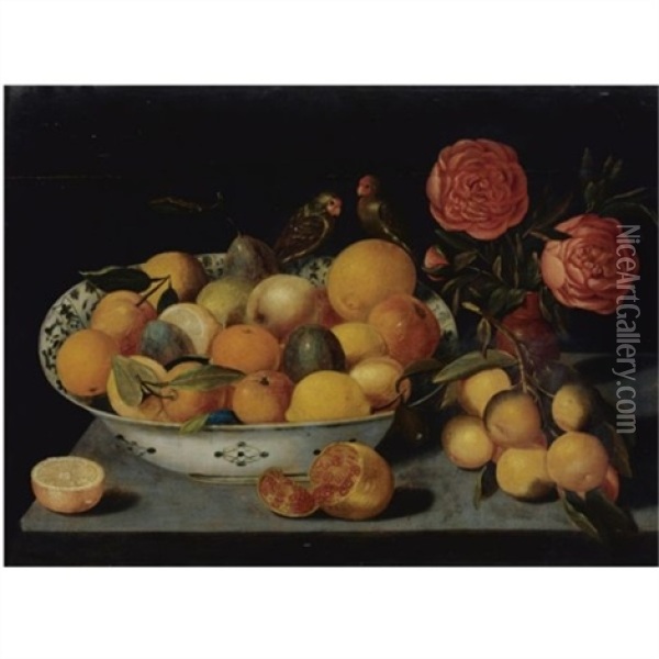 Still Life Of Fruit In A Wanli Kraak Porcelain Bowl Resting On A Table With A Pomegranate, A Bunch Of Oranges, Roses In A Vase And Two Parrots Oil Painting - Pieter Binoit