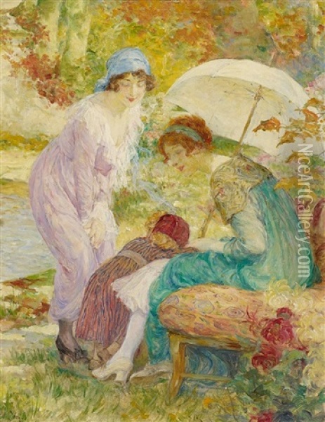 Zwei Damen Mit Kind Im Park Oil Painting - Francois Edouard Zier