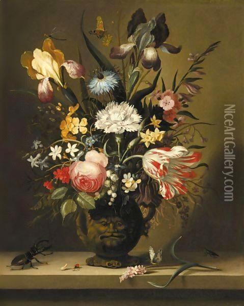 A Still Life Of Flowers, Including A Parrot Tulip, Irises And Roses, In A Grotesque Vase Oil Painting - Jacob Marrel