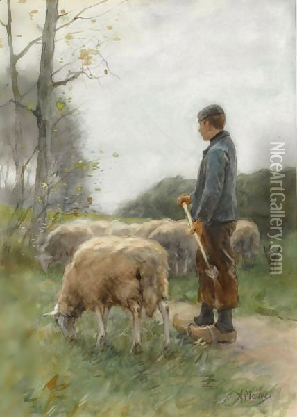 A Shepherd And His Flock Oil Painting - Anton Mauve