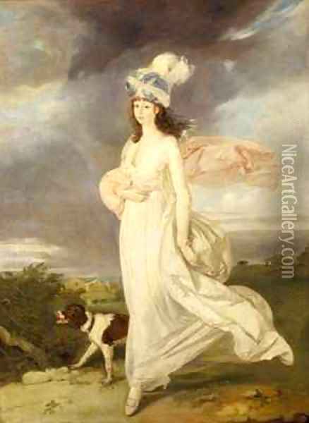Windswept girl in a turban walking with a dog Oil Painting - Arthur William Devis