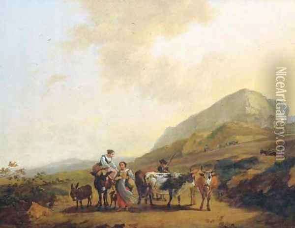 An Italianate landscape with two women and a shepherd and his cattle Oil Painting - Nicolaes Berchem