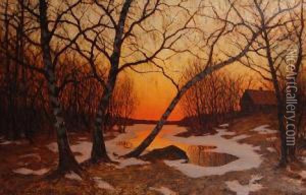 A Winter Sunset Oil Painting - Edvard Rosenberg