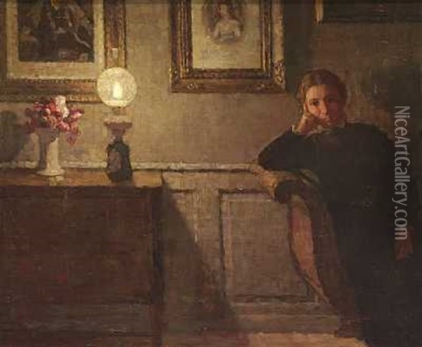 Interior Med Kunstnerens Hustru, Lampelys Oil Painting - Niels Holsoe