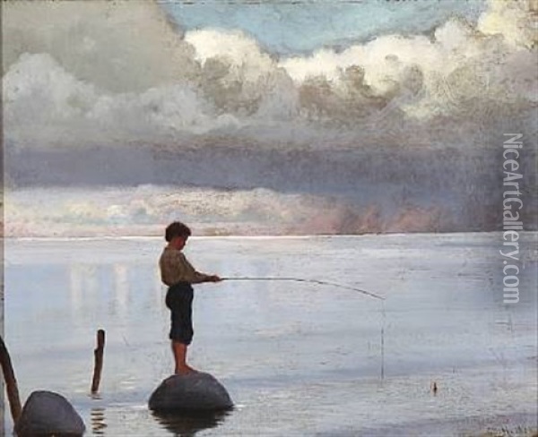 A Boy Fishing Oil Painting - Otto Haslund