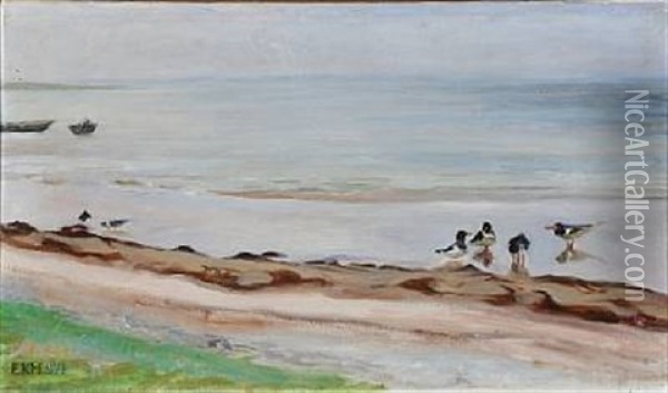 Beach Scene With Oystercatchers Oil Painting - Elise Konstantin Hansen